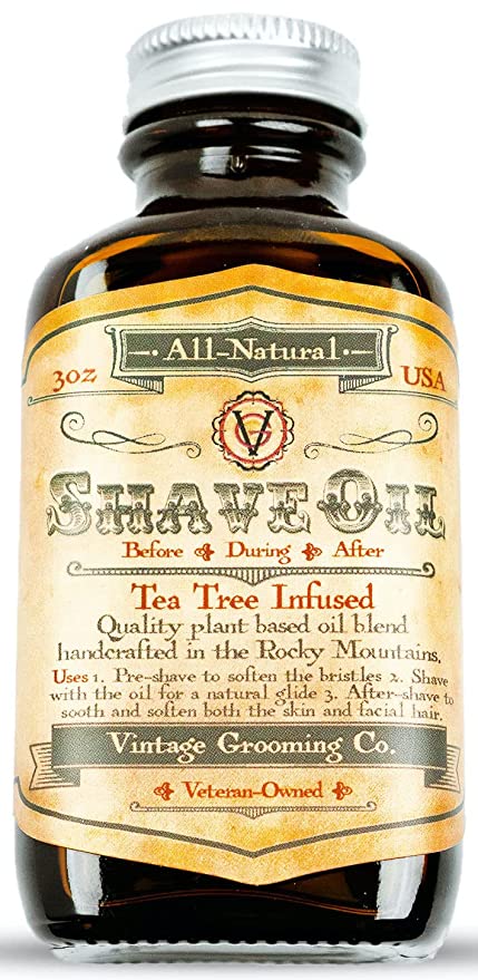 Shave Oil Tea Tree Pre-shave Soften Bristles - For All Natural Razor Glide - Before During & AfterShave To Soothe & Soften Skin & Facial Hair by Vintage Grooming - Made In The USA
