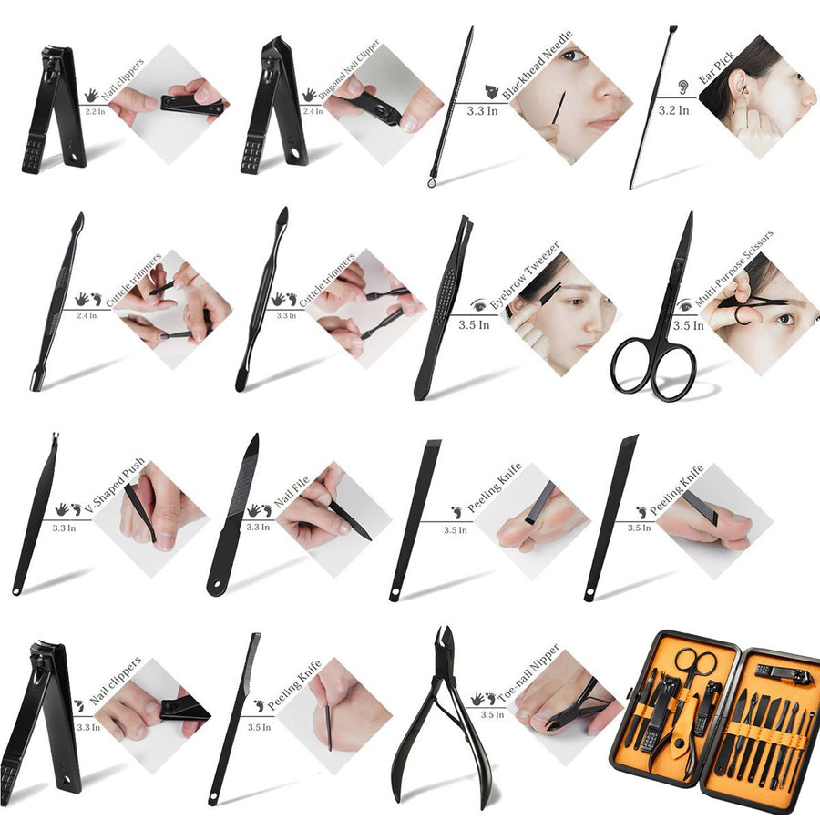 Keiby Citom Professional Stainless Steel Nail Clipper Travel & Grooming Kit Nail Tools Manicure & Pedicure Set of 15pcs with Luxurious Case(Black/Yellow)